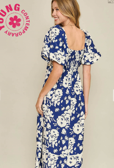 Two Tone Floral Print Midi Dress