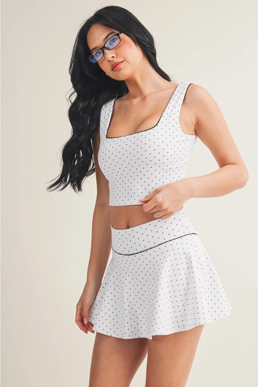Polka Dot Print Crop Tank with Lace Trim