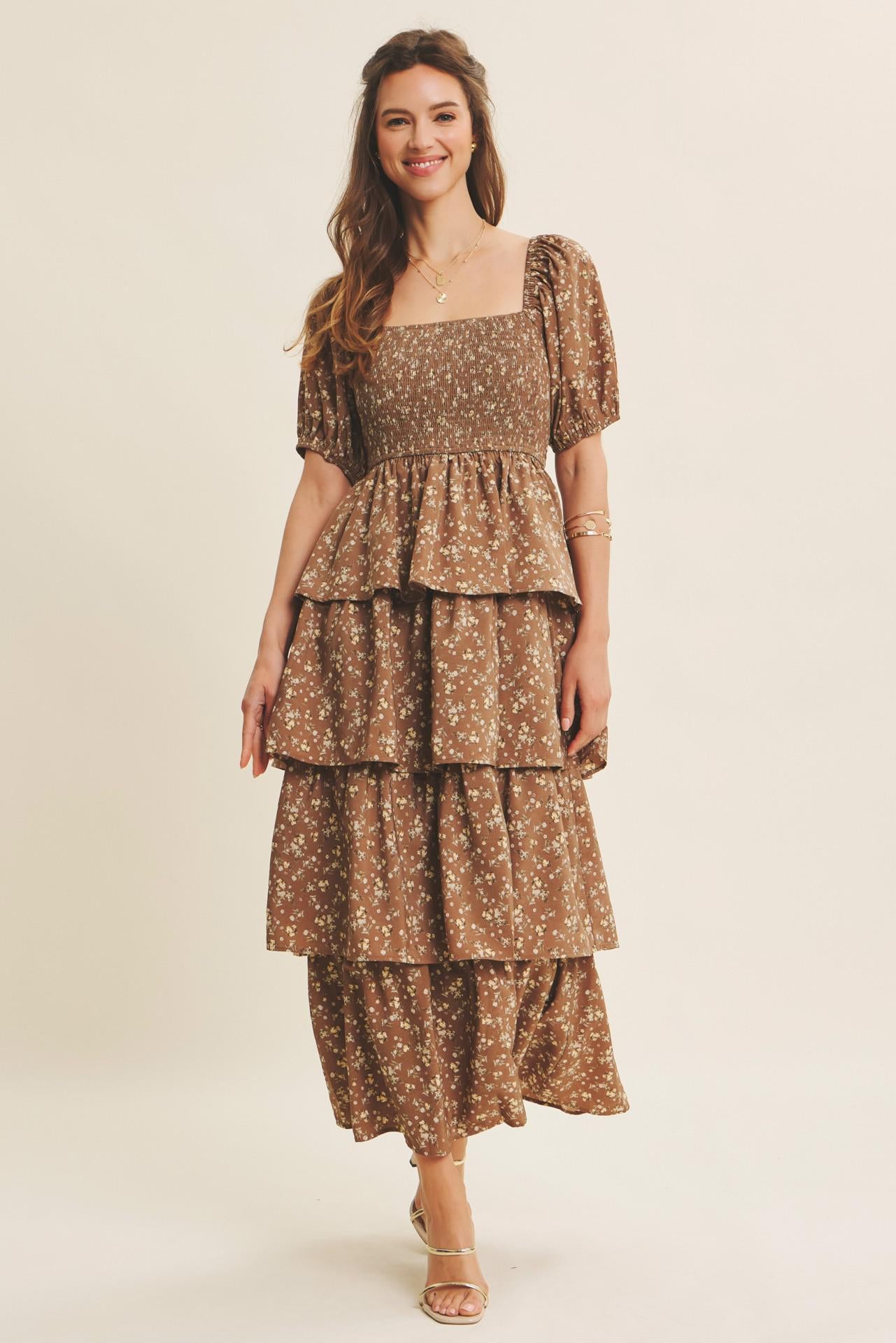 Victorian Mocha Smocked Maxi Dress