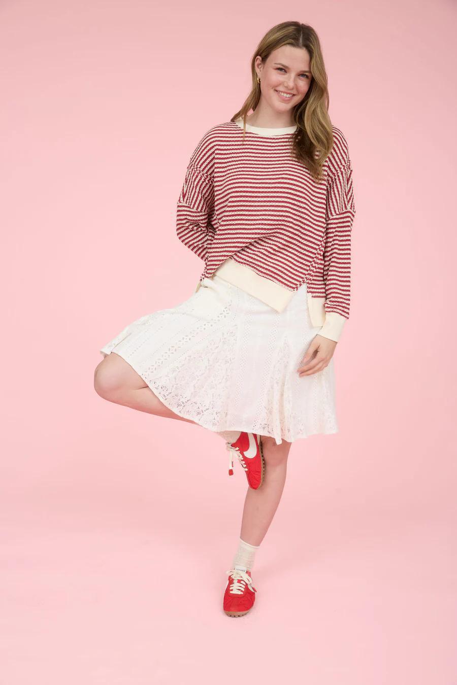 Red/Cream Striped Exposed Seam Knit Top