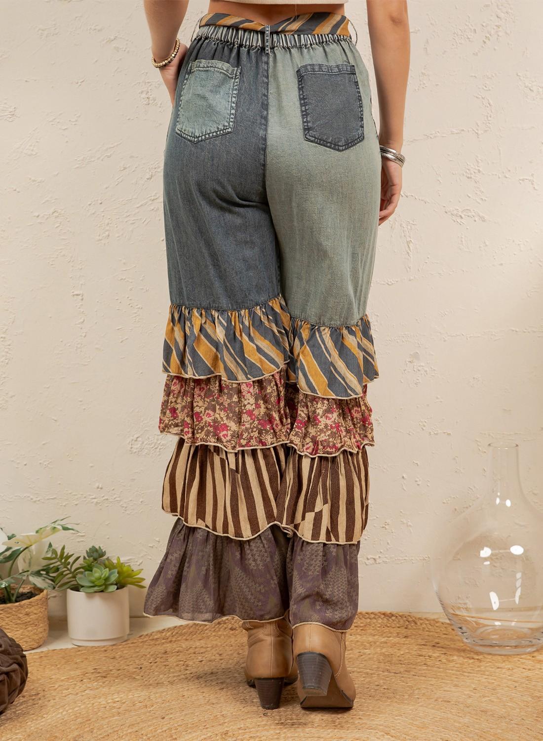 Mixed Print Denim Patchwork Ruffle Flare Pants With Belt New