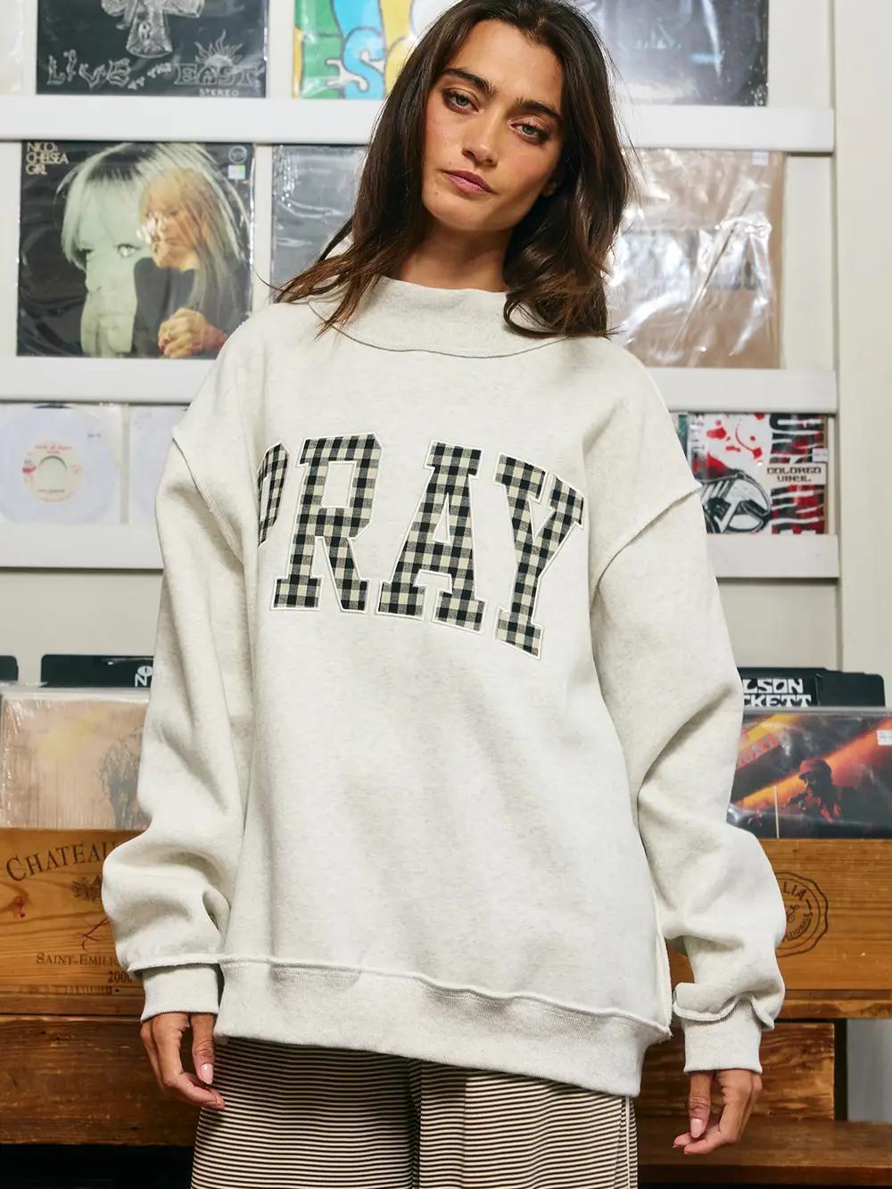'Pray' Gingham Appliqué Mockneck Sweatshirt