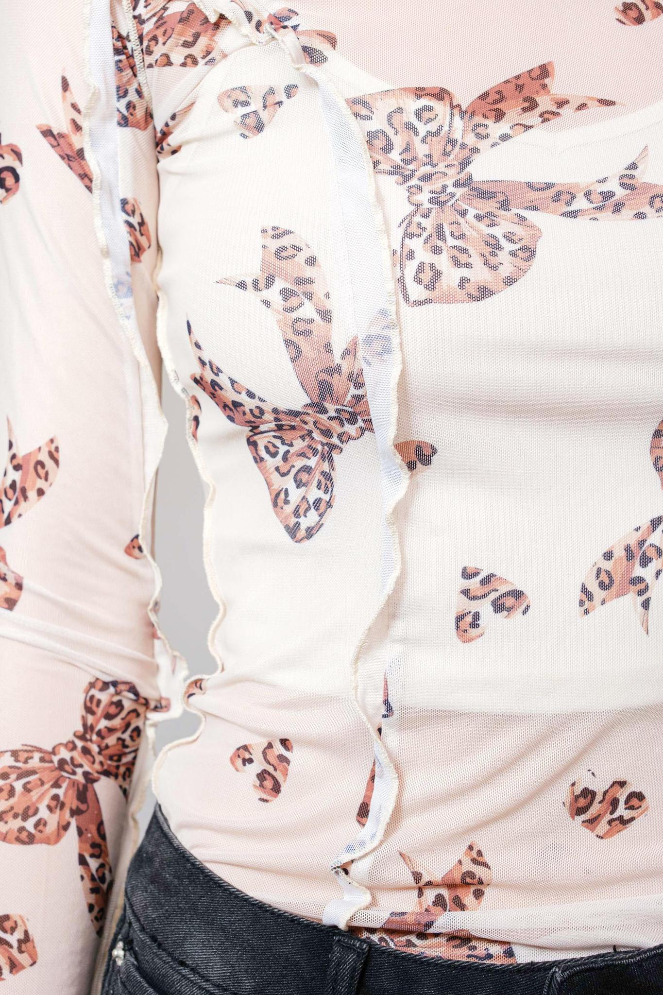 Mesh Leopard Bow Print Mock Neck Top