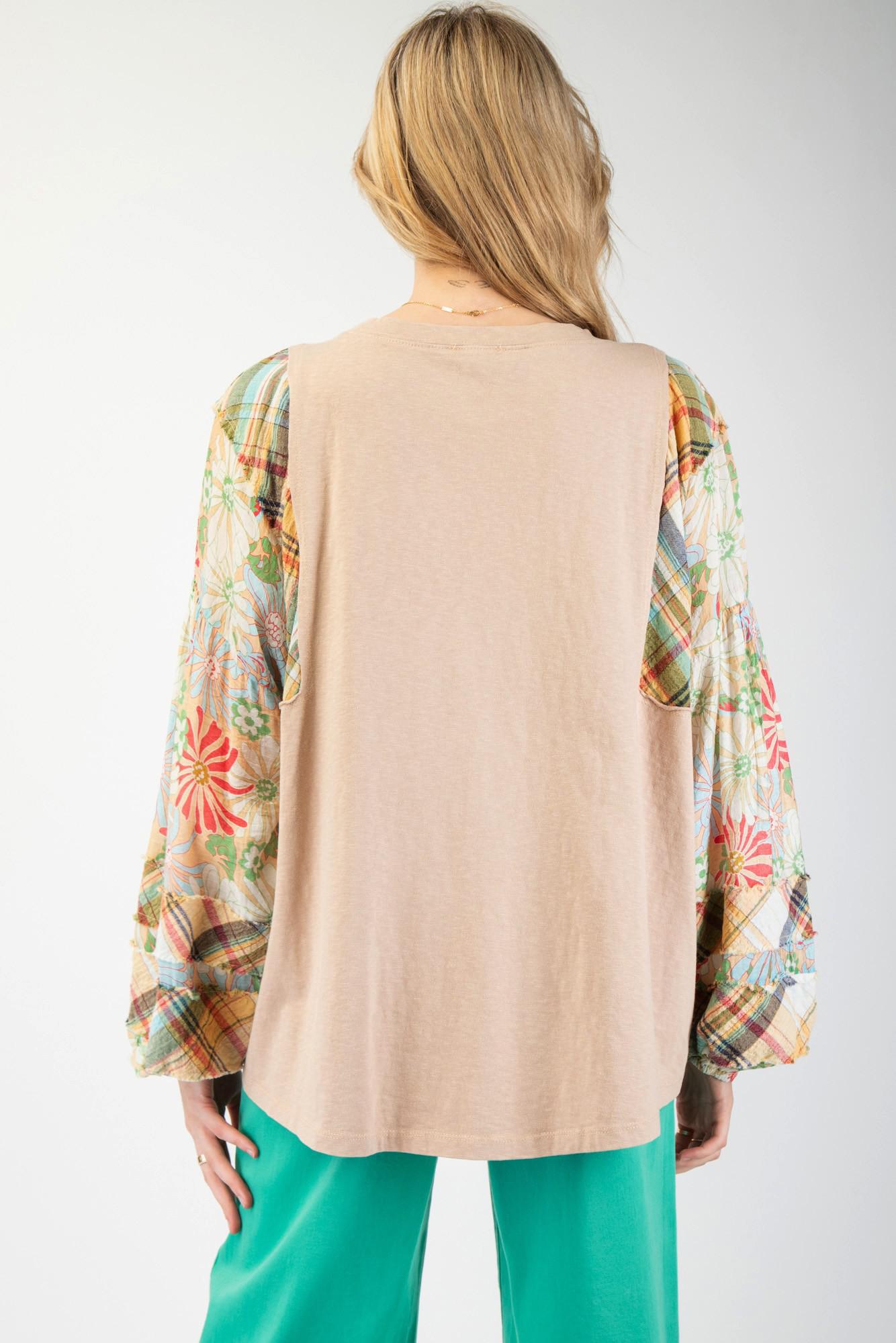 Khaki Floral Mix Print Cotton Blouse