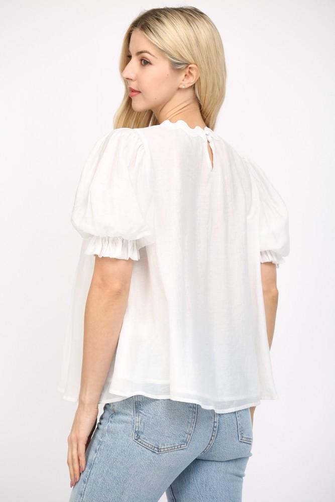 White Ric-Rac Trimmed Puffed Sleeves Top