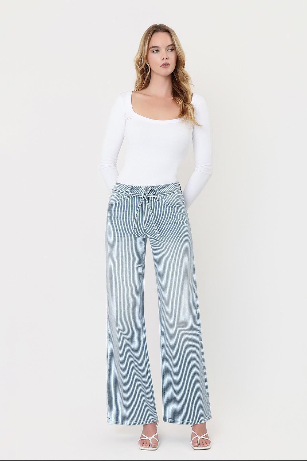 High Rise Waist Tie Striped Wide Leg Jeans