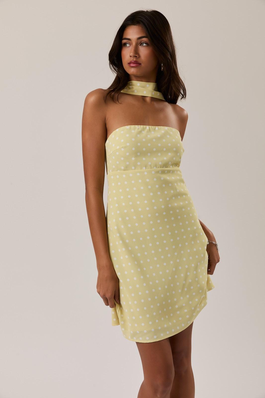 Butter Polka Dot Mini Dress With Attached Scarf