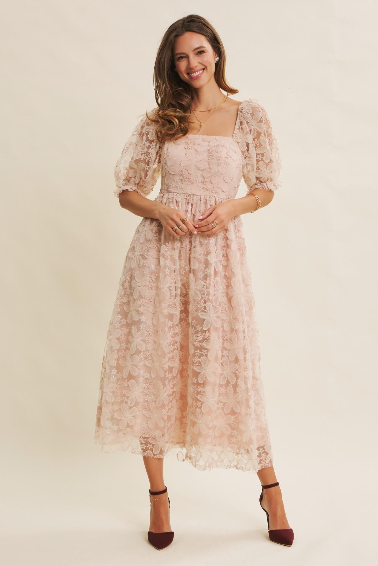 Dusty Pink Sheer Floral Sequin Midi Dress