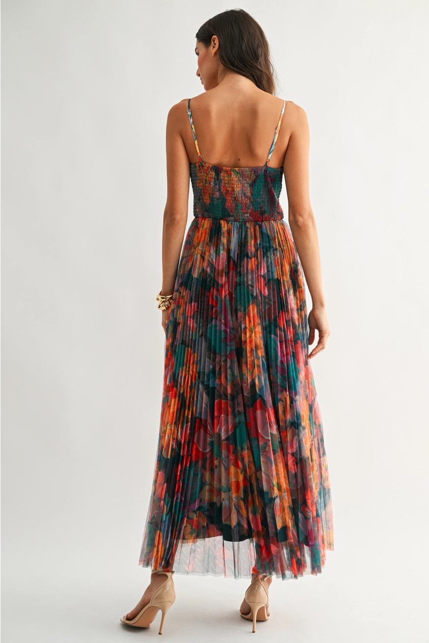 Pleated Floral Tulle Maxi Dress