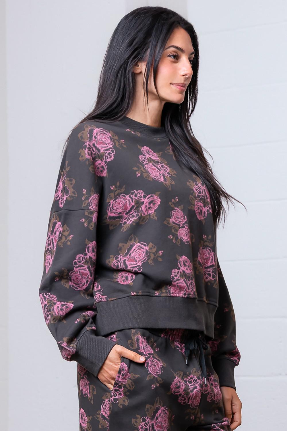 Crew Neck Flower Printed Sweatshirt