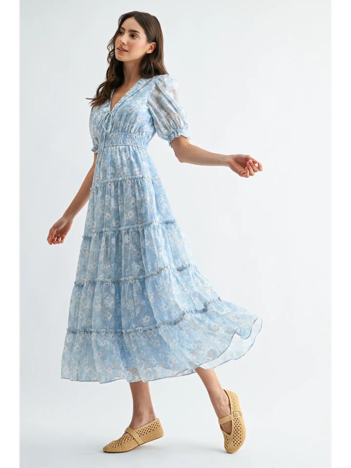 Blue Floral Maxi Dress with Puff Sleeves