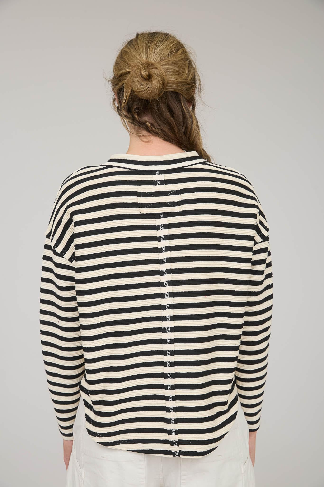 Textured Stripe Split Neck Knit LS Top