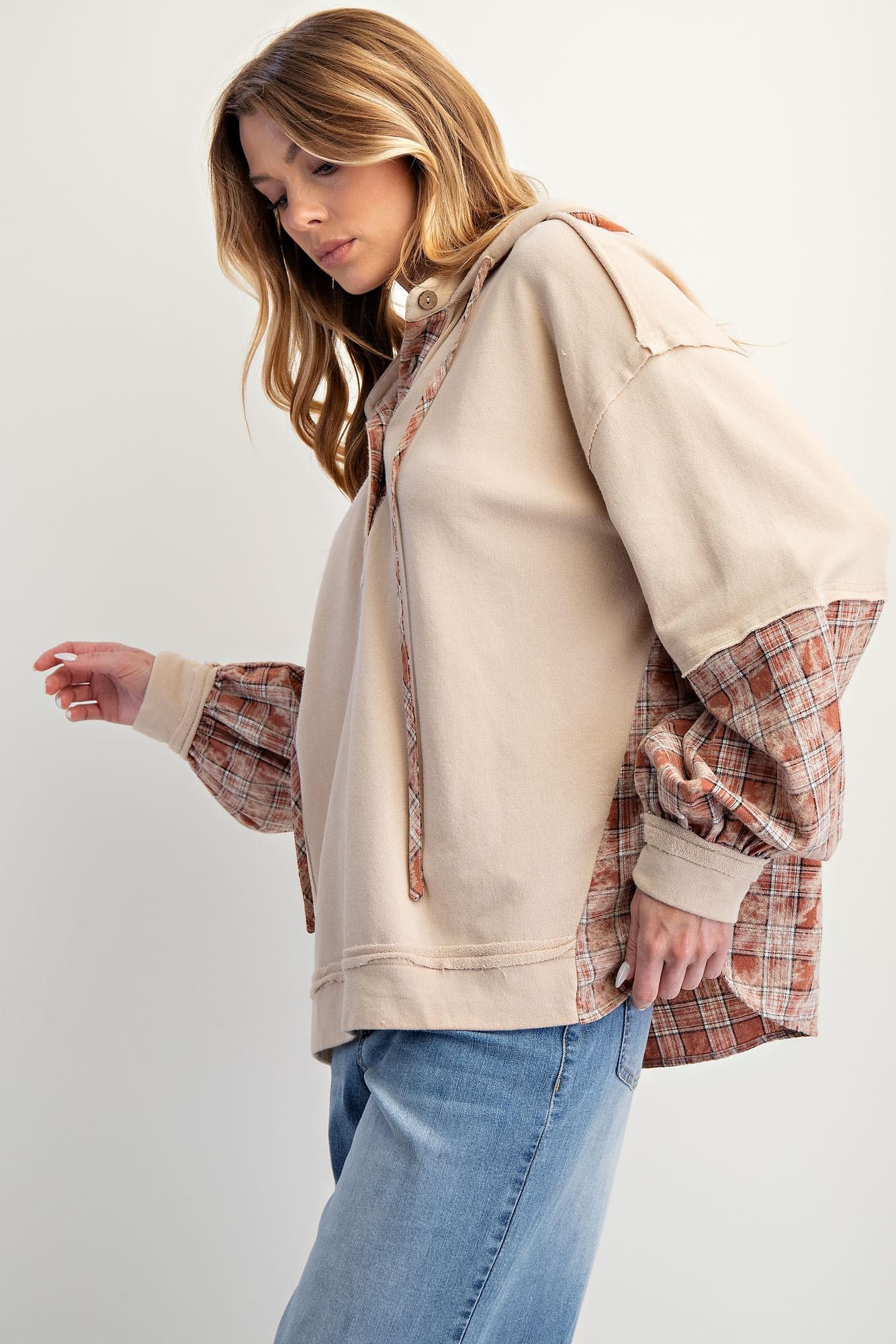 Beige Plaid Mix Henley Hoodie Pullover