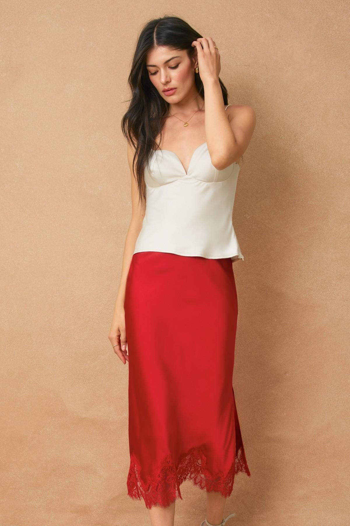 Red Rouge Satin Lace Hem Pencil Skirt