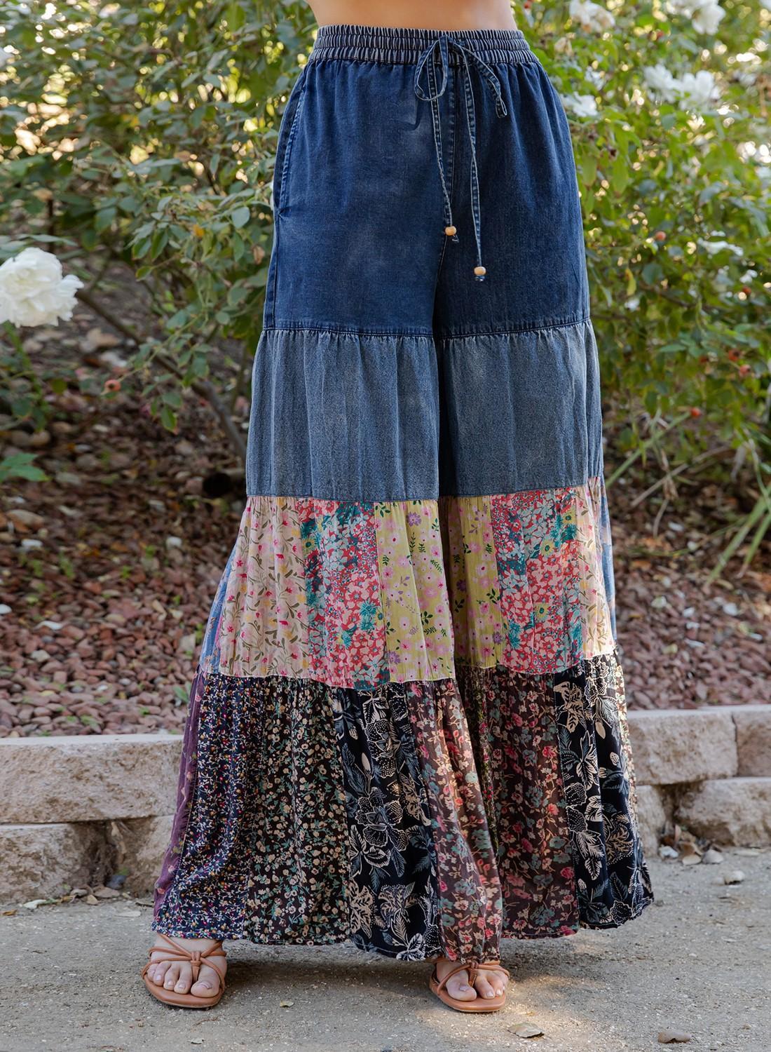 Artisan Flax 4-tier Denim Patchwork Wide Leg Pants