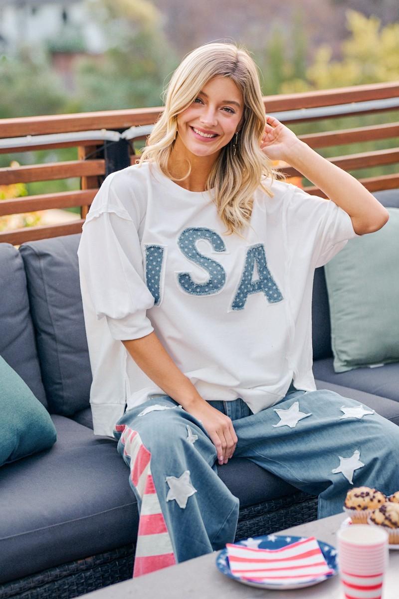 Ivory USA Letter Patchwork Terry Top