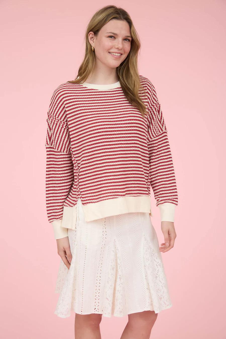 Red/Cream Striped Exposed Seam Knit Top