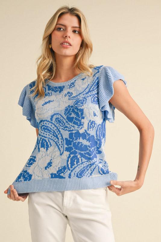 Jacquard Ruffly Shoulder Knit Top