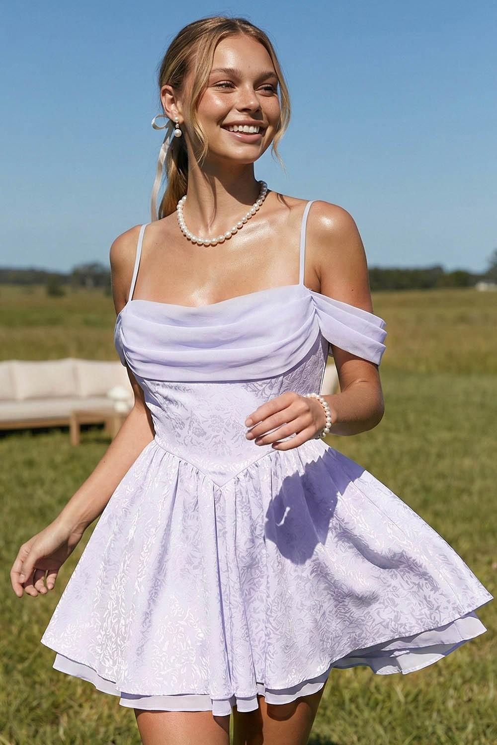 Lavendar Floral Jacquard Open Shoulder Mini Dress
