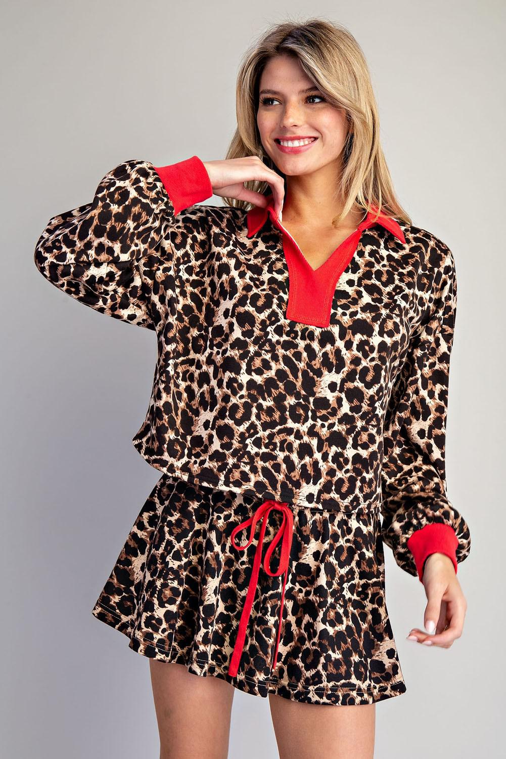 Leopard Contrast V-neck Long Sleeve Top