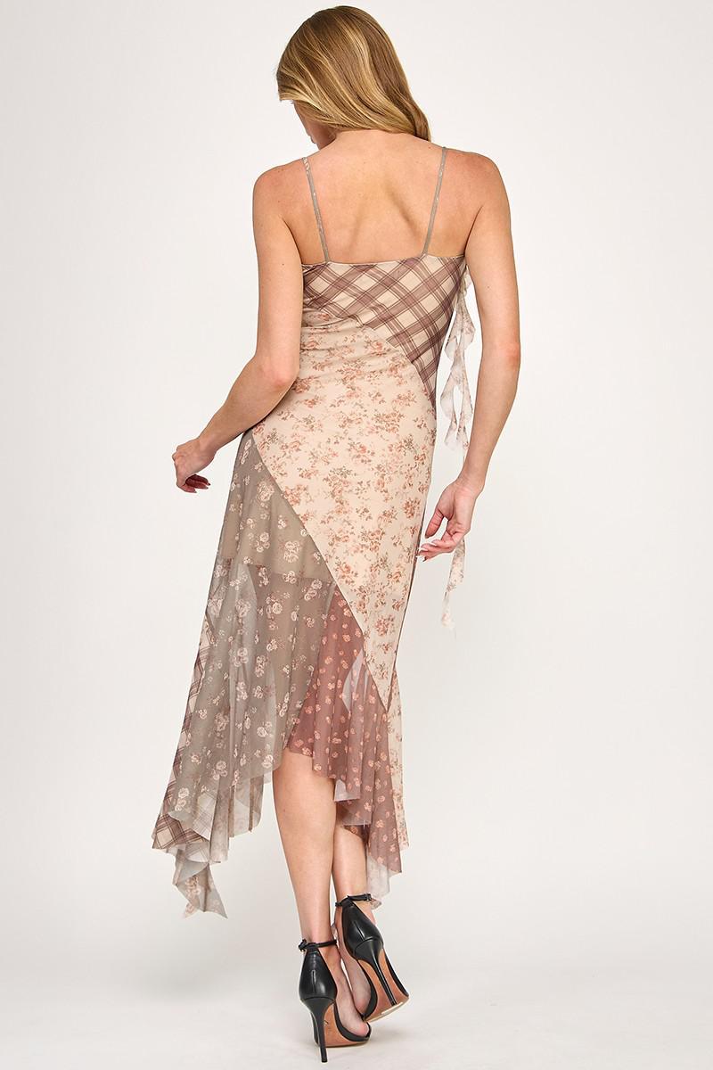Mesh Flower Check Print Block Ruffle Dress