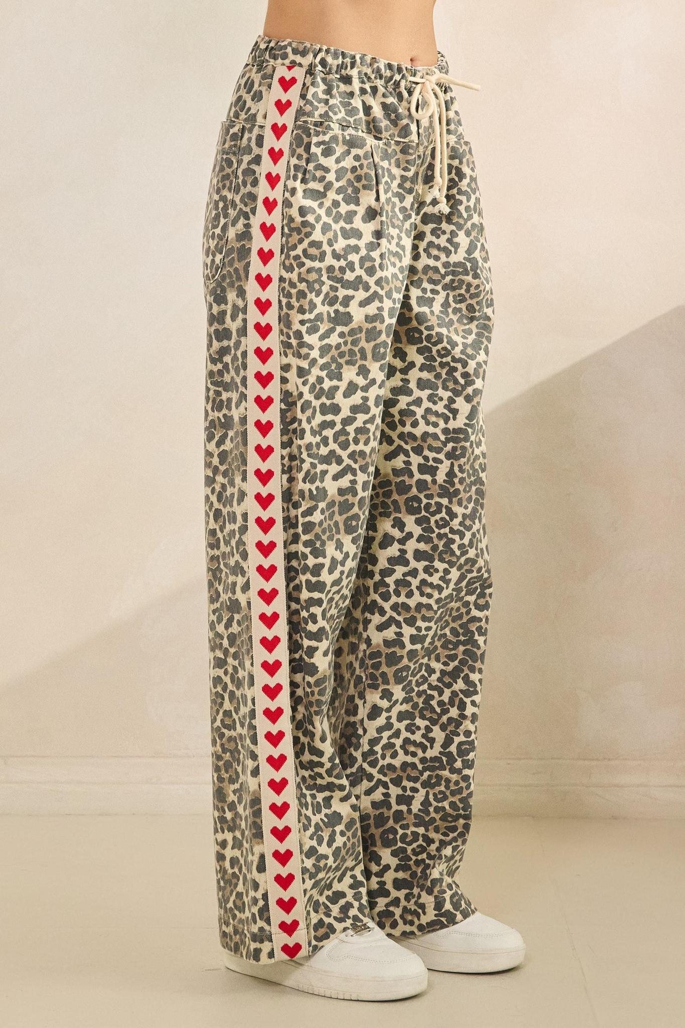 Leopard Printed Striped Heart Wide Legged Pants
