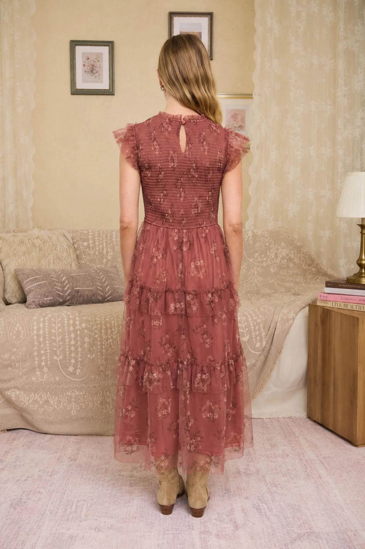 TERRACOTTA SMOCKED RUFFLE TIERED FLORAL MIDI DRESS