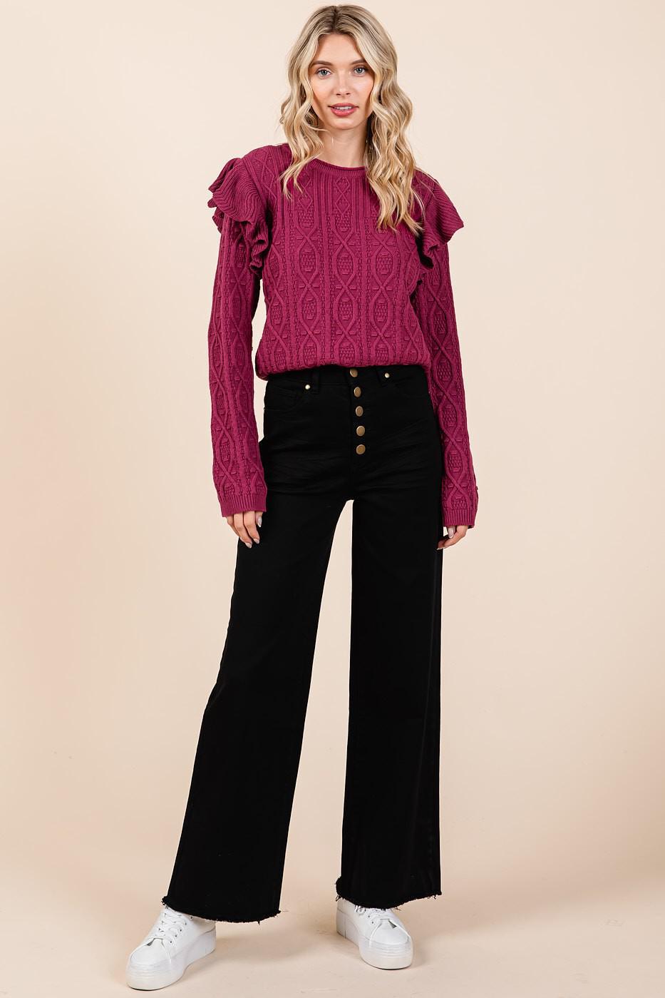 Black Twill High Waisted Button Fly Wide Leg Pants