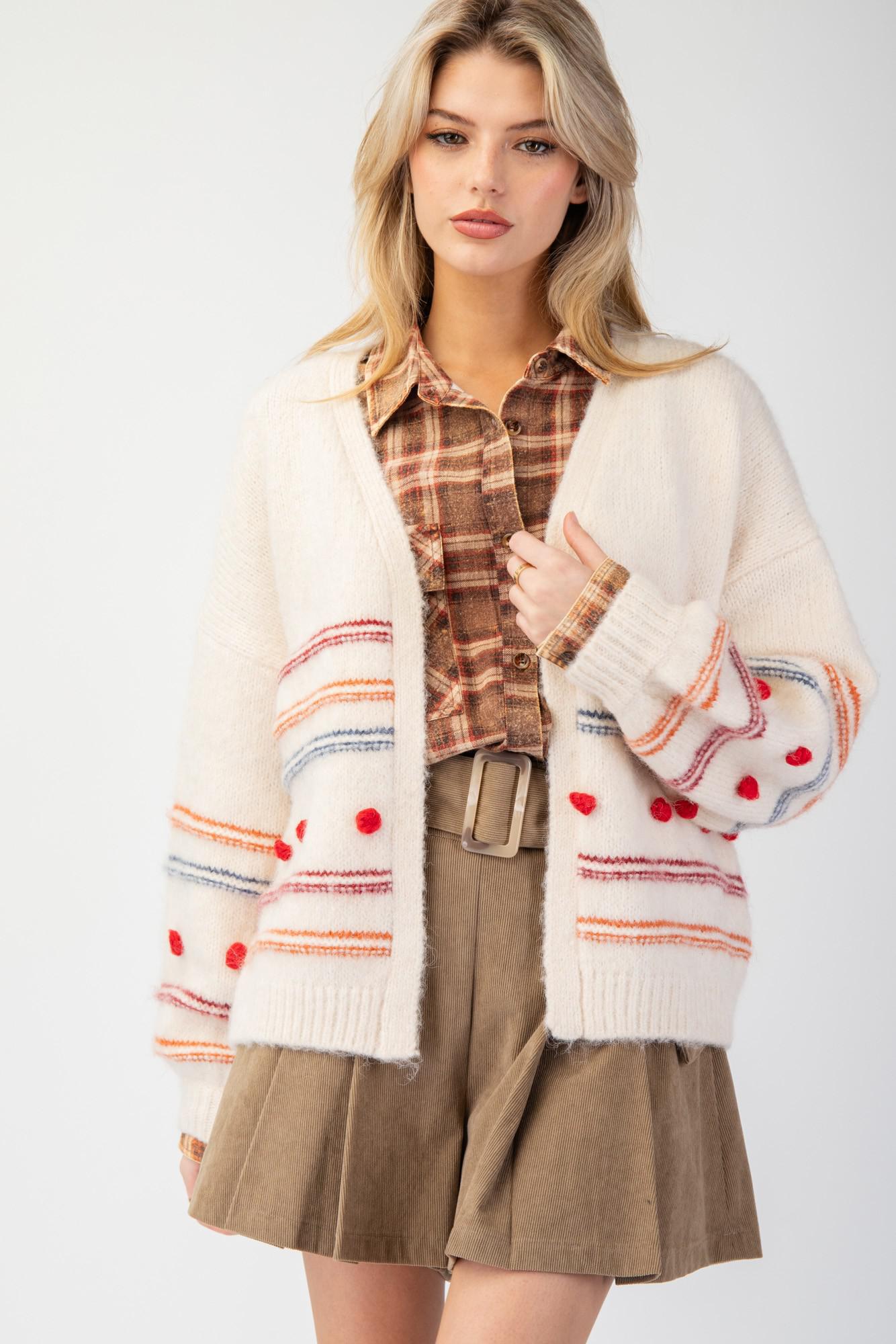 Pompom Stripe Knit Sweater Cardigan