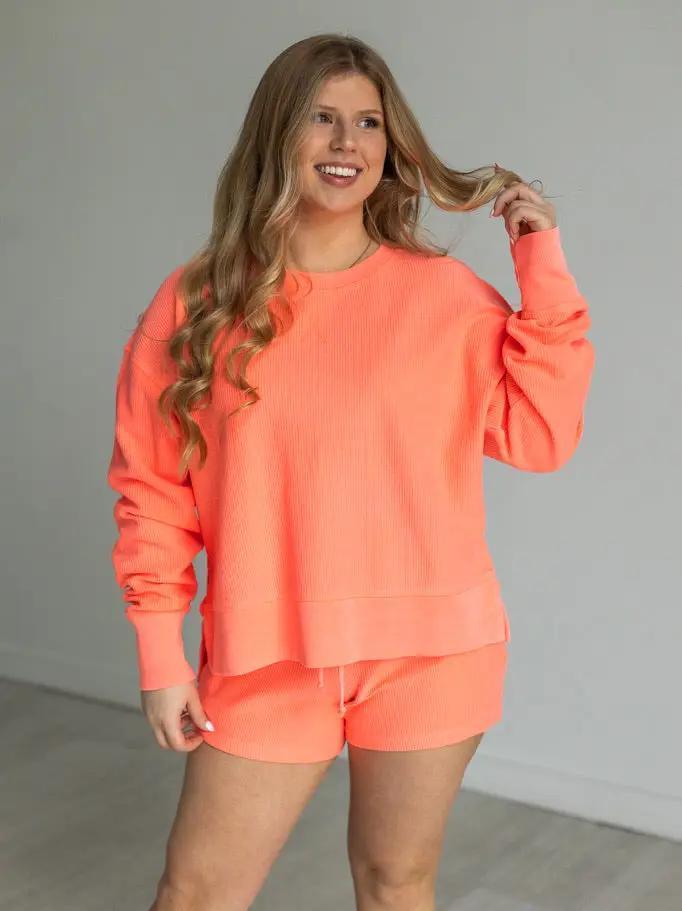 Corded Cropped Side Slit Crew
