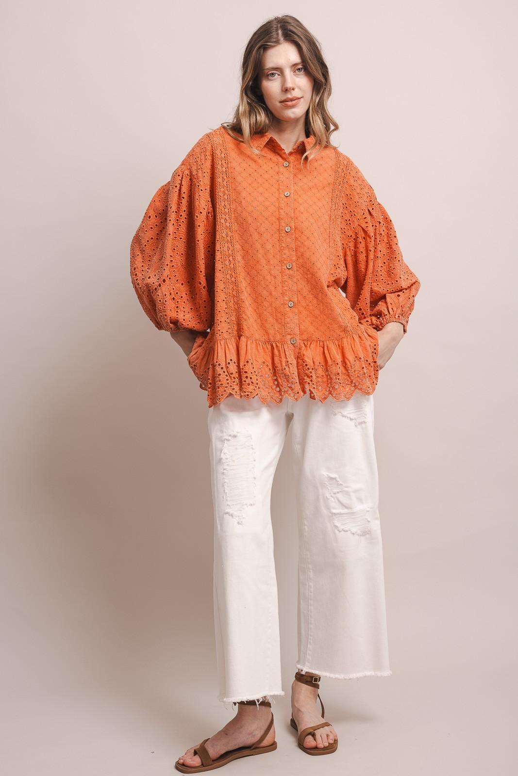 Coral 3/4 Sleeve Balloon Sleeve Eyelet Ruffle Blouse