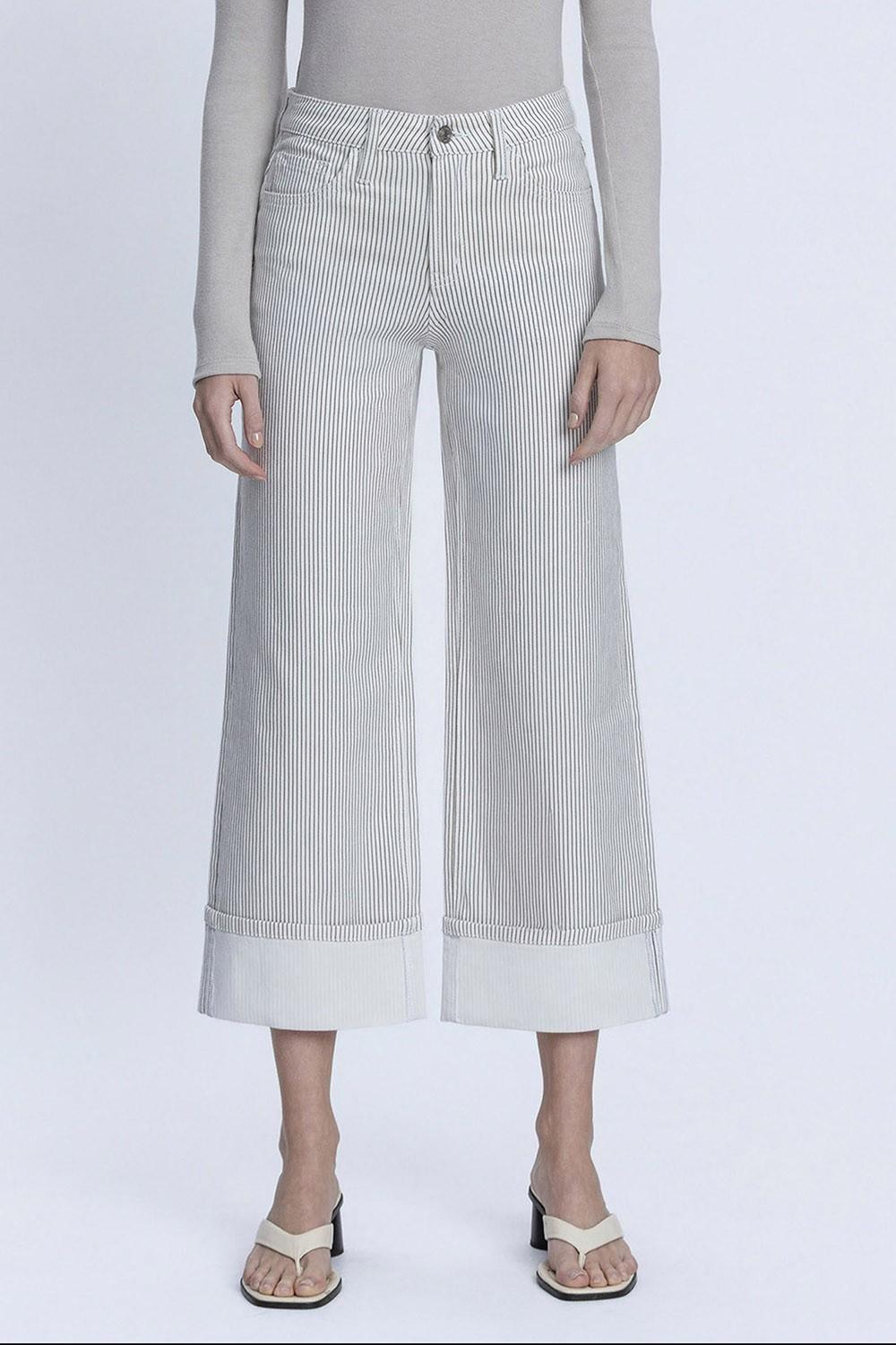 High Rise Stripe Print Cuffed Crop Wide Jeans