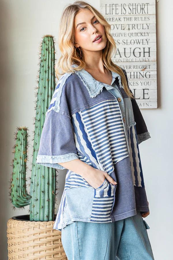 Washed Color Block Short Sleeve Button-Up Top