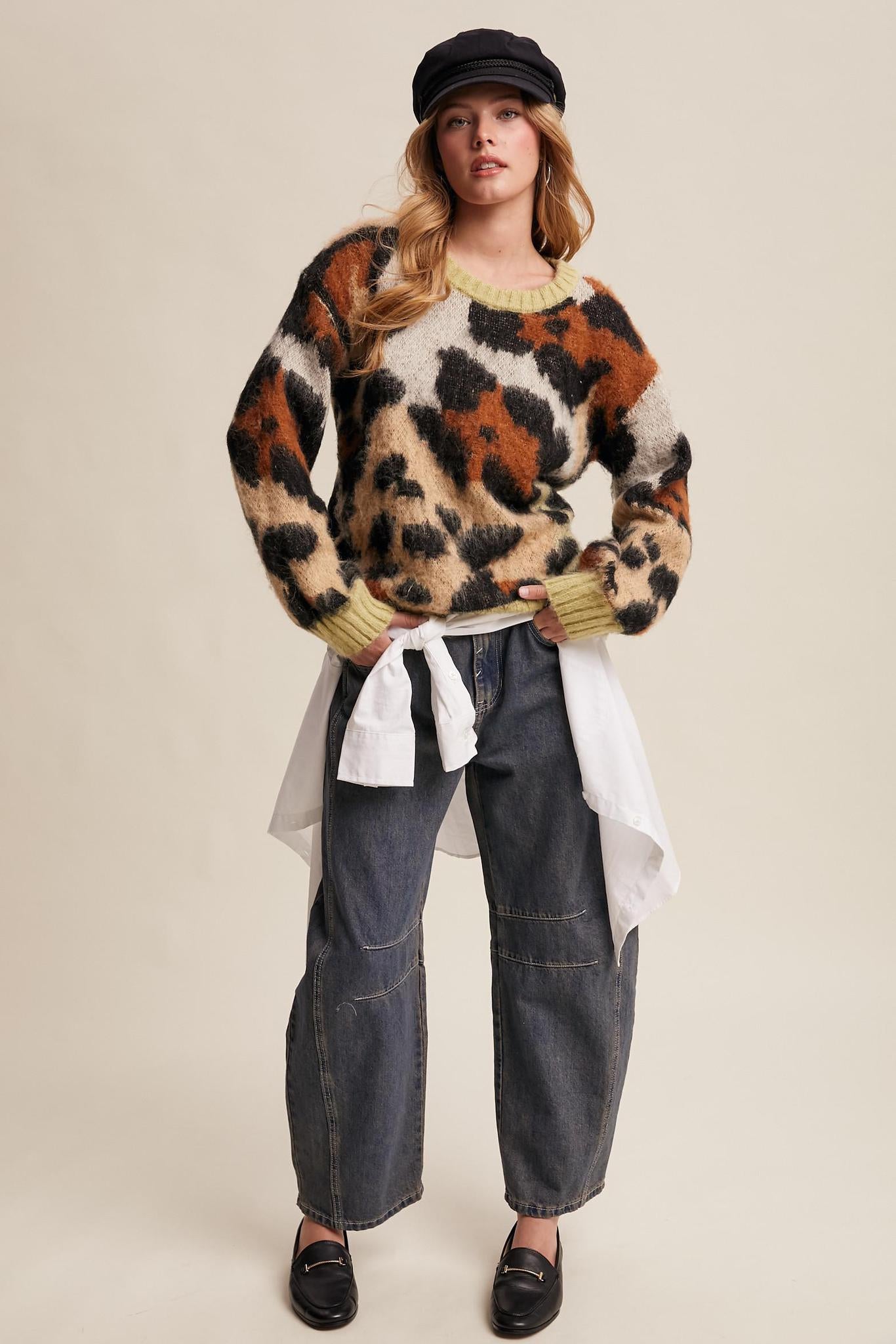 Fuzzy Abstract Leopard Knit Pullover Sweater