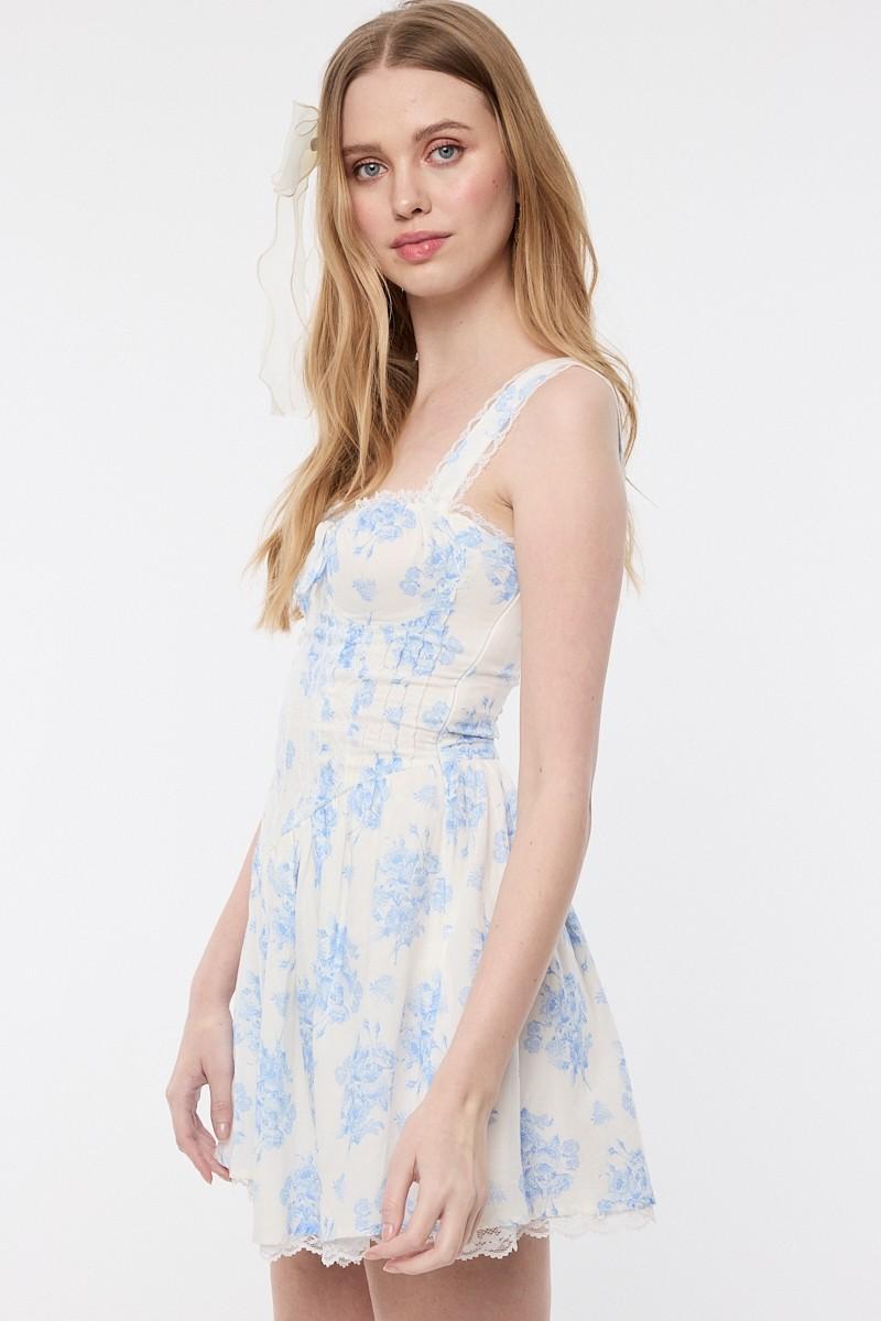 Blue Balloon Floral Wide Strap Lace Trim Mini Dress