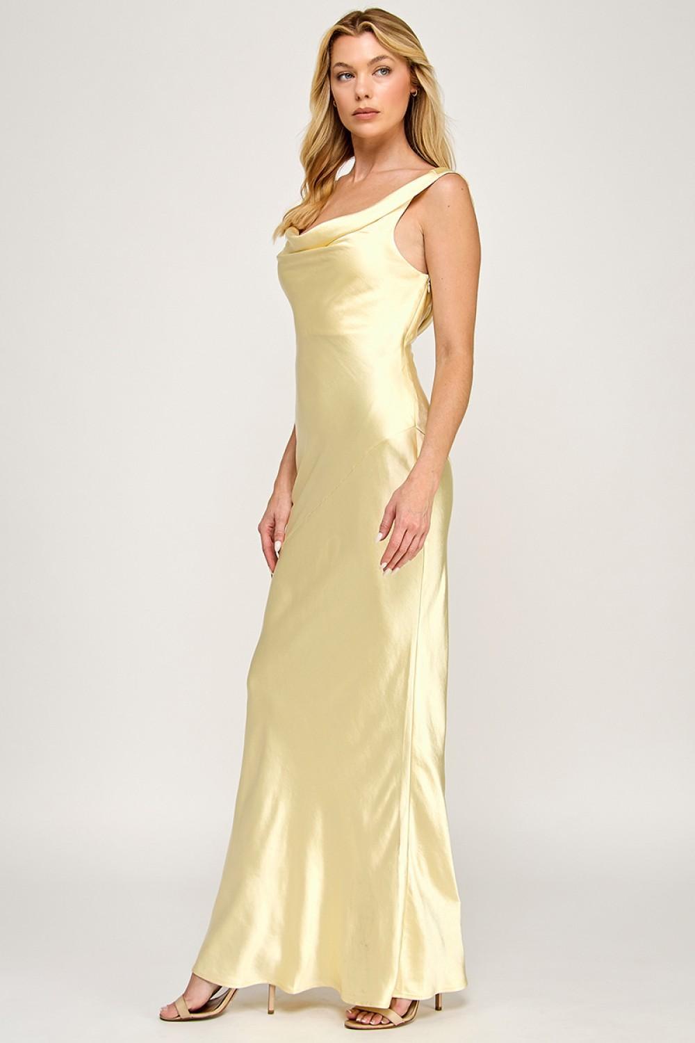 BUTTER COWL NECK SATIN MAXI DRESS