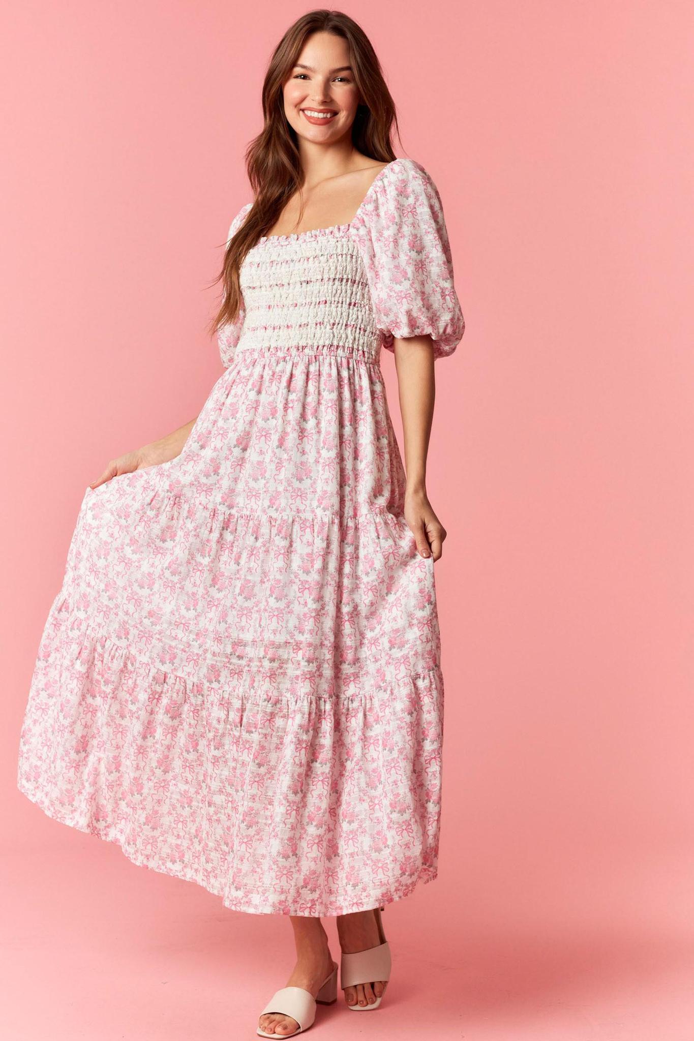 Smocked Lace Trim Printed Cotton Maxi Dress
