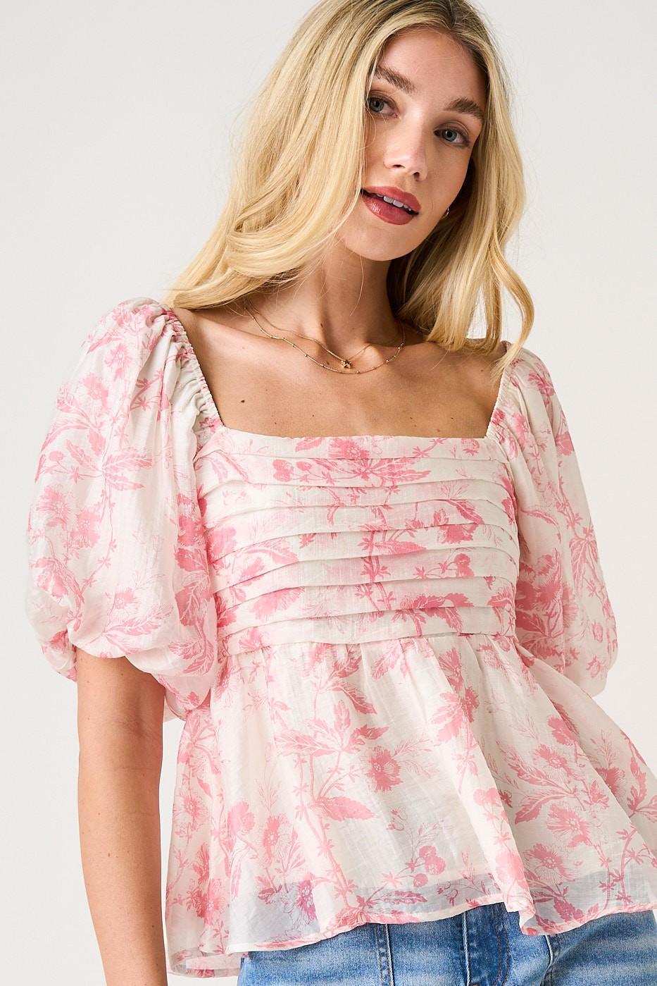 Pink Floral Print Pleat Detail Puff Sleeve Babydoll Top
