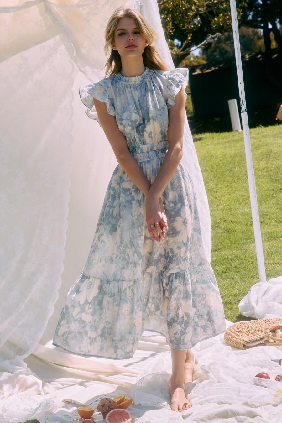 Sky Blue Floral Tiered Midi Dress