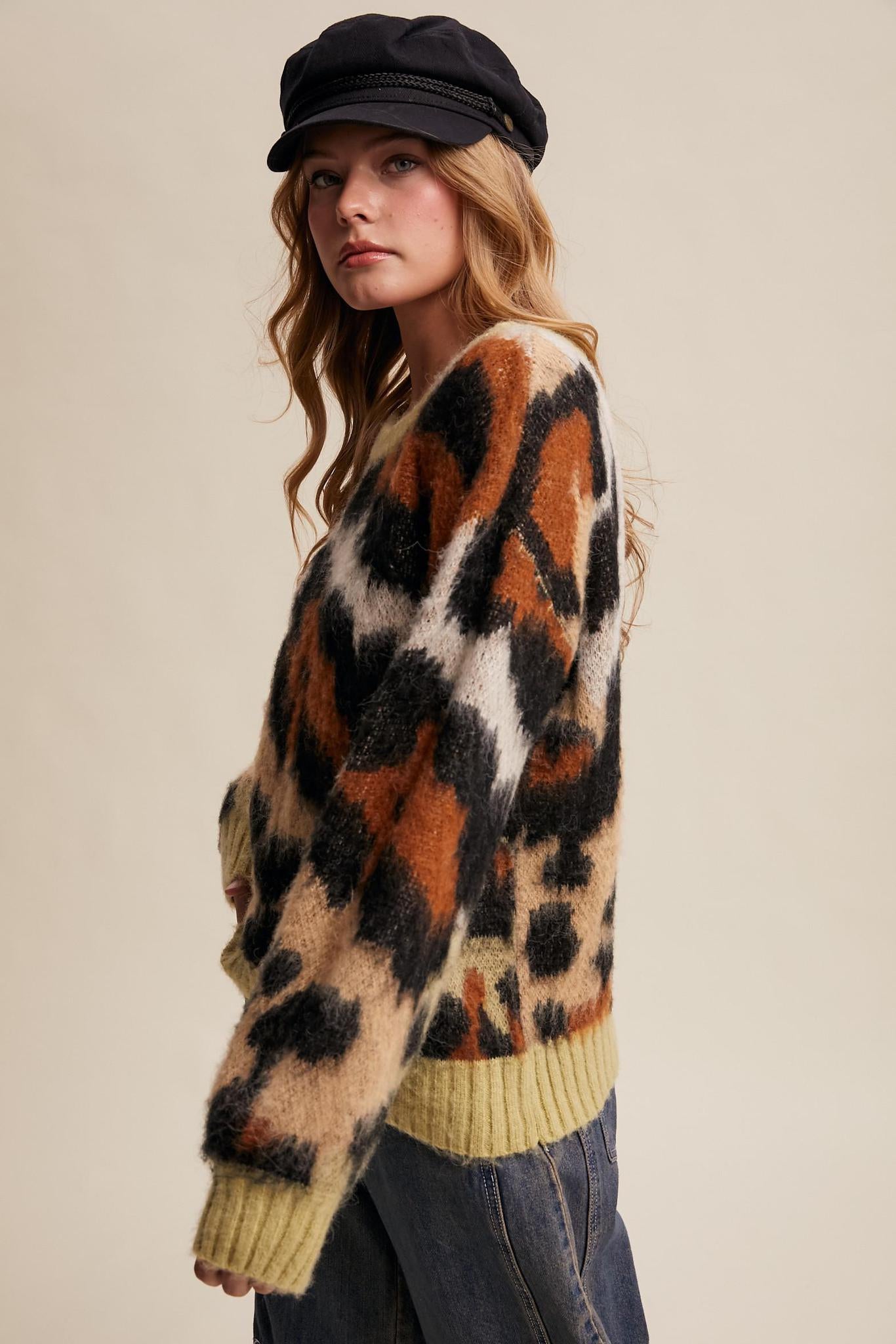 Fuzzy Abstract Leopard Knit Pullover Sweater