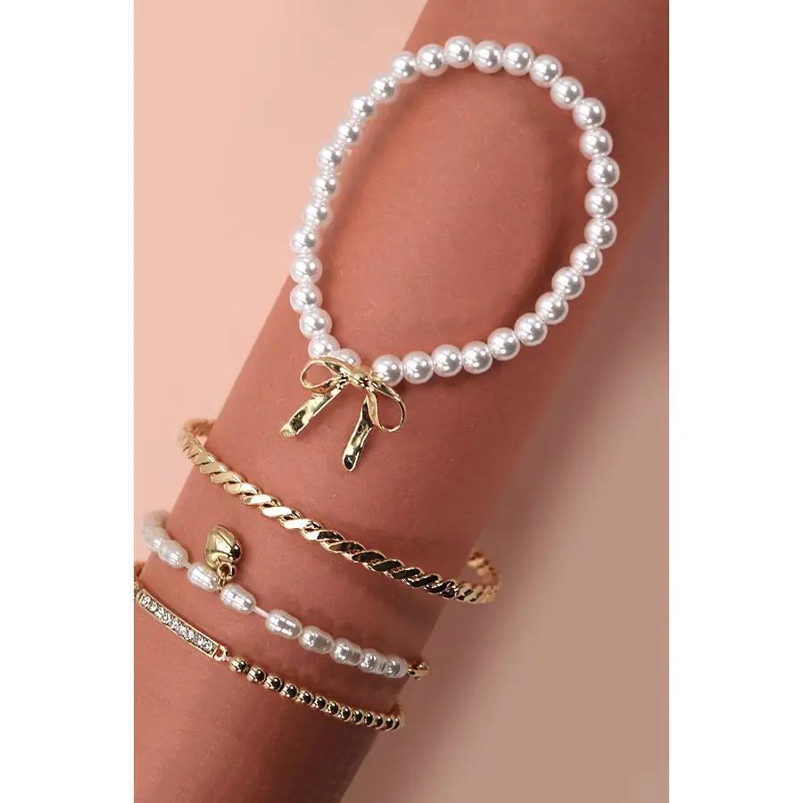 Bow Pearl Rhinestone Bar Stretch Bangle Set
