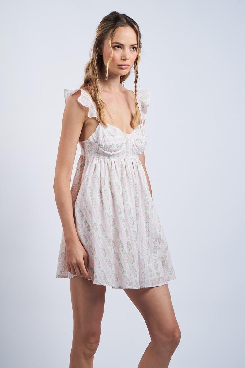 Pink Rose Striped Wing Open-Back Mini Dress