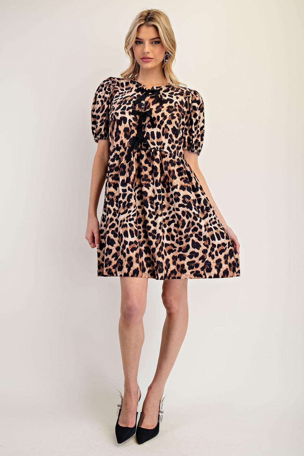 Leopard Ribbon Tie Front Mini Dress