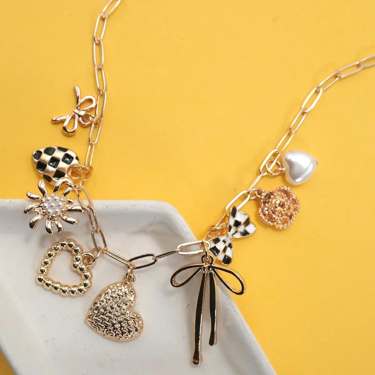 Charm Necklace-Bow Checker Heart Floral