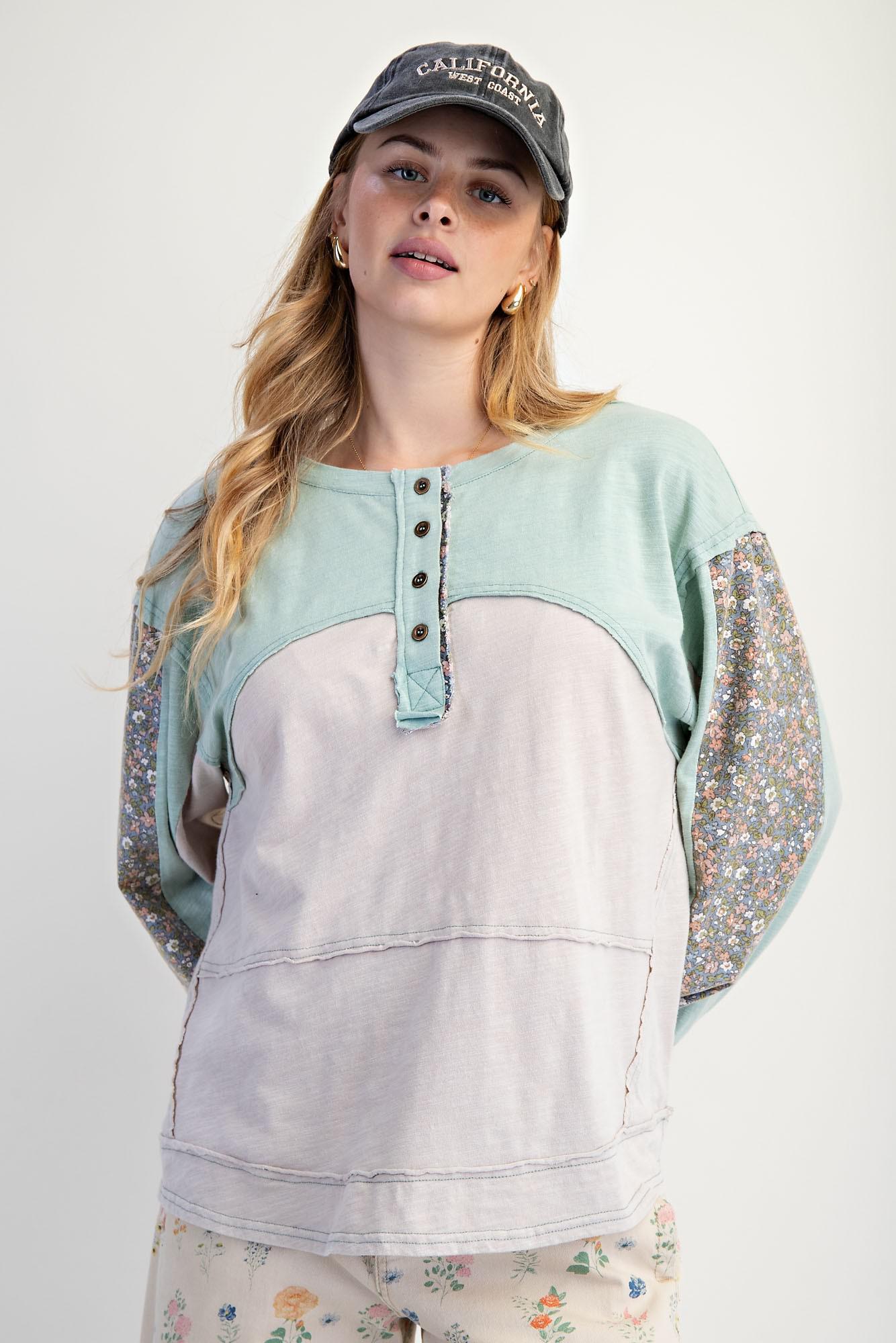 Mint Grey Color Block Washed Henley Top