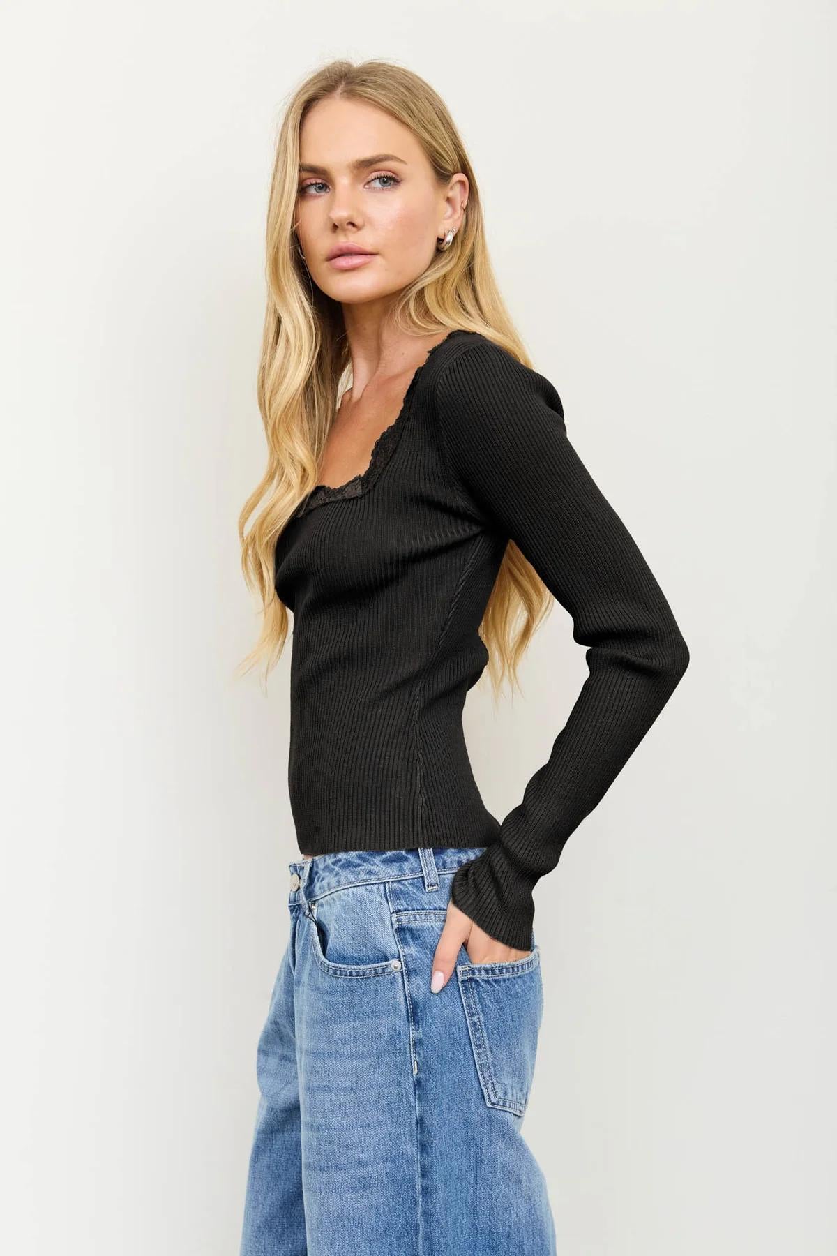 BLACK SQUARE NECK LACE TRIM RIBBED SWEATER KNIT TOP