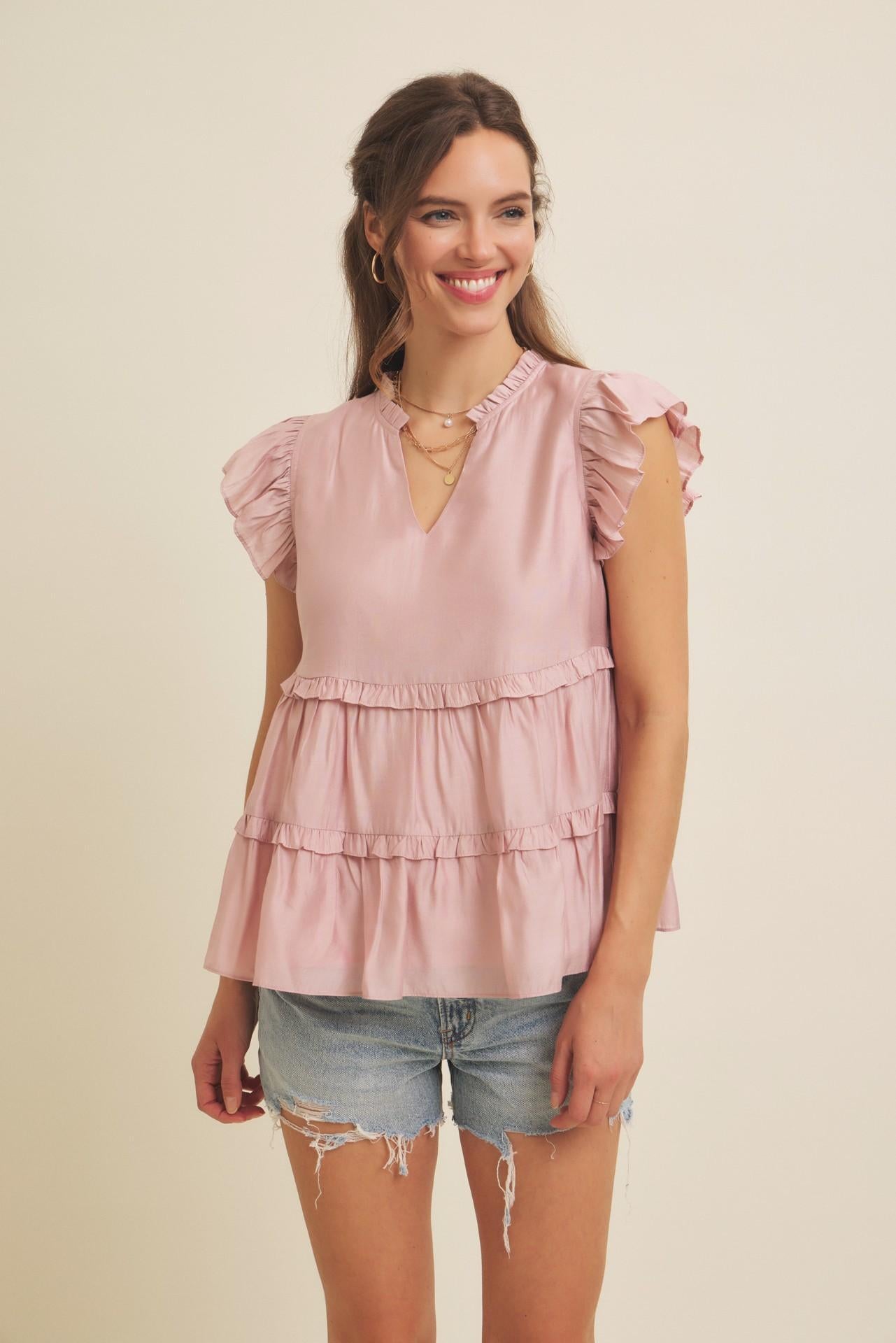 Dusty Rose Tiered Ruffle Flare Blouse With Ruffles