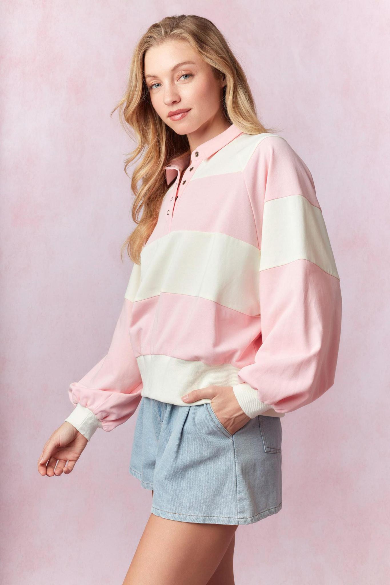 Pink/ivory Striped Snap Button Pullover