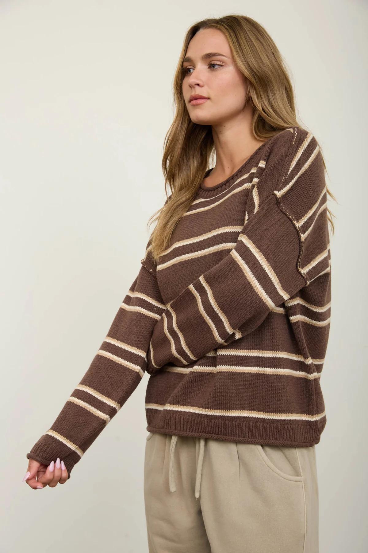 BROWN MULTI EXPOSED SEAM STRIPED ROUND NECK PULLOVER