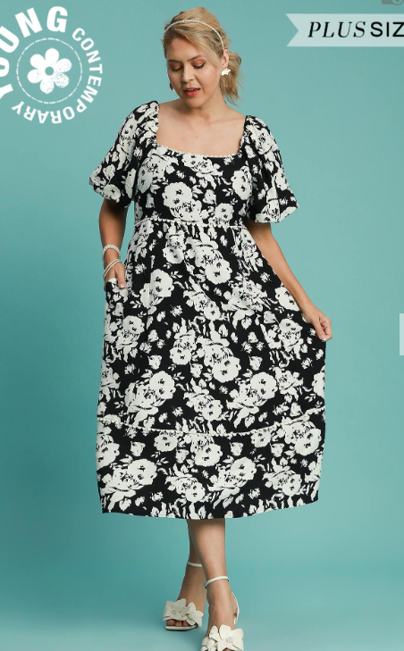 Plus Black Floral Print Midi Dress